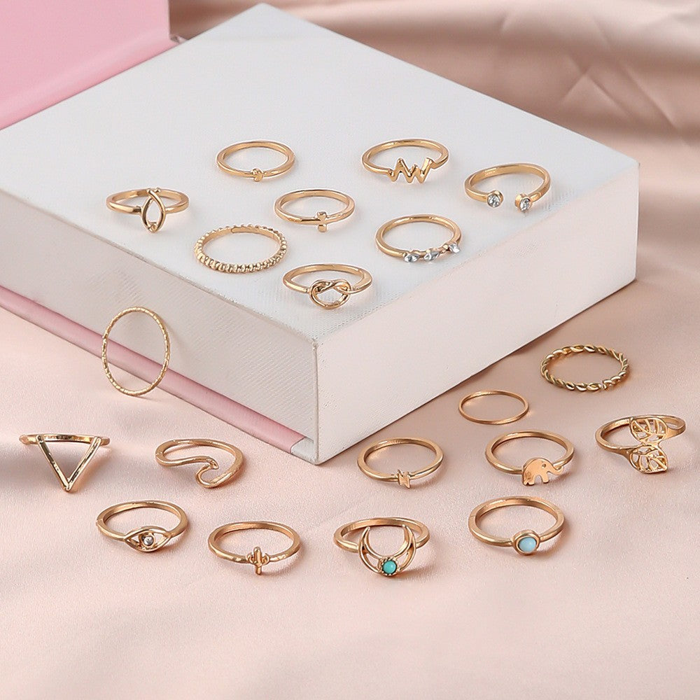 Retro V-shaped Geometric Circle Moon 20-piece Ring Set