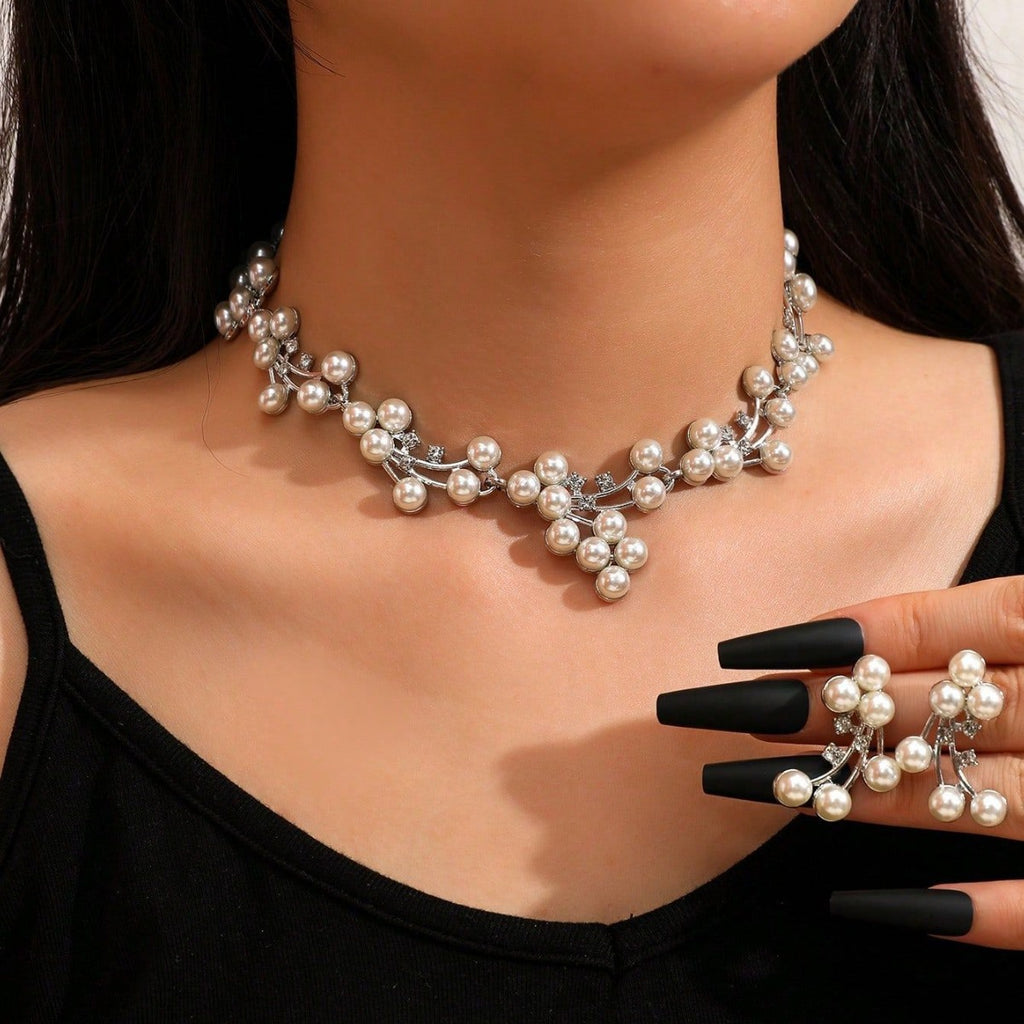 Alloy Pearl Earring And Necklace Jewelry Set